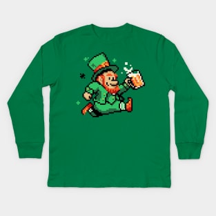 Leprechaun St Patricks Day Green Shirt Pixel Art Gamer Shirt Kids Long Sleeve T-Shirt